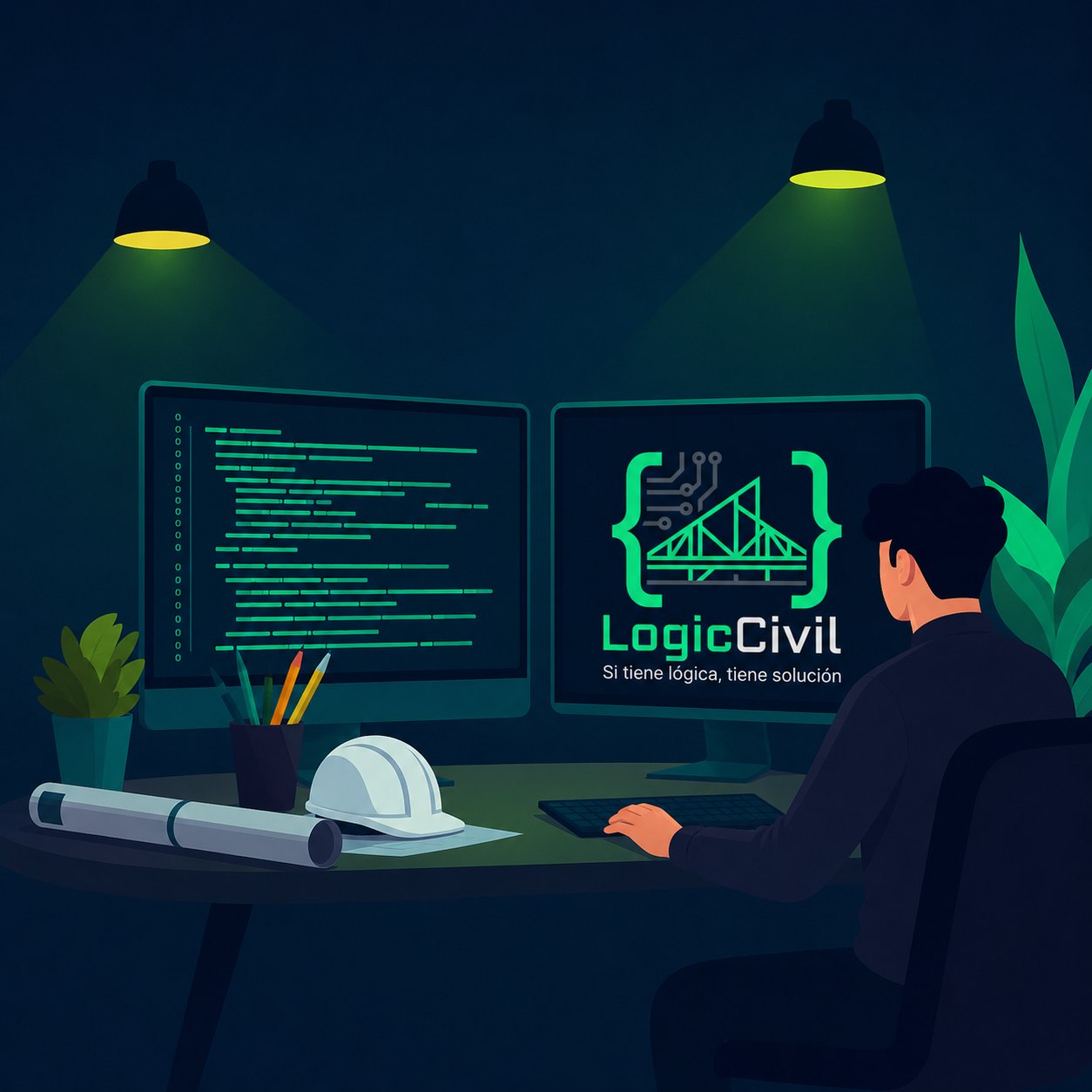 Desarrollador frente a varios monitores con código y tableros — LogicCivil